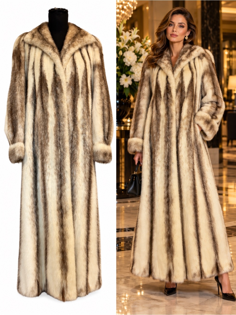 Vintage Renfrew SAGA Mink Fur Full Length Striped Coat Size 12 Canada Luxury